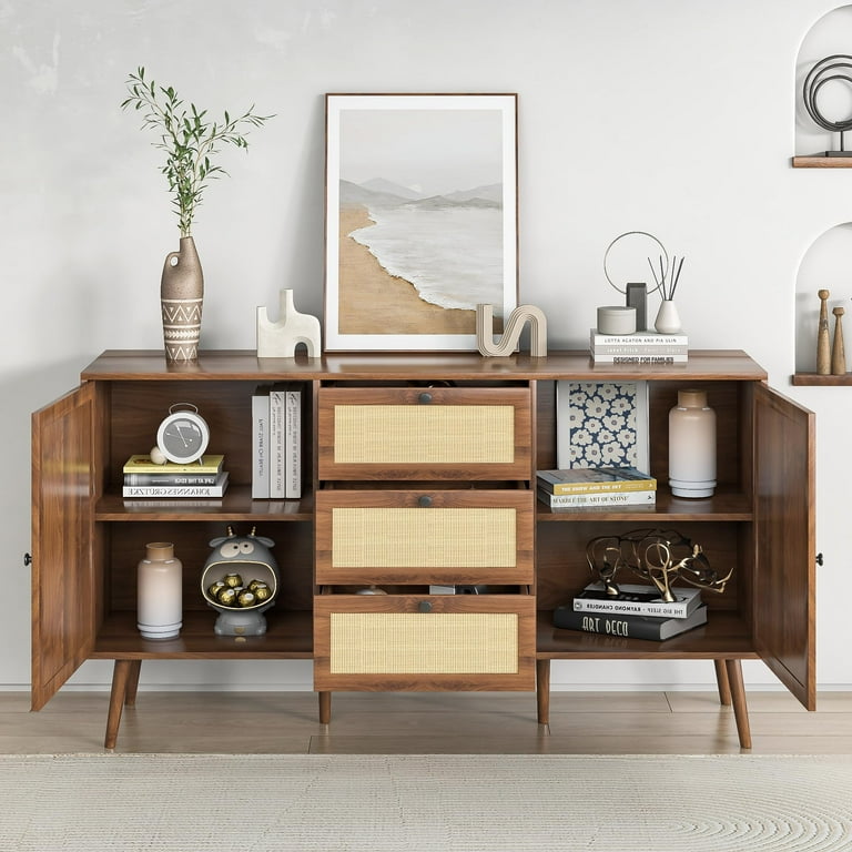 Rattan Sideboard Cabinet Storage Cabinets with 3 Drawers 2 Doors Kitchen Storage Cabinets