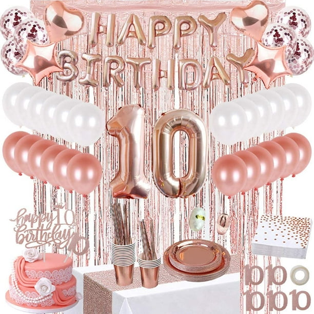 HTOOQ Décorations de 10e anniversaire pour filles, fournitures de fête d' anniversaire en or rose de 10 ans, bannière de joyeux anniversaire, chemin  de table, rideaux à franges, décoration de gâteau, assiettes, tasses