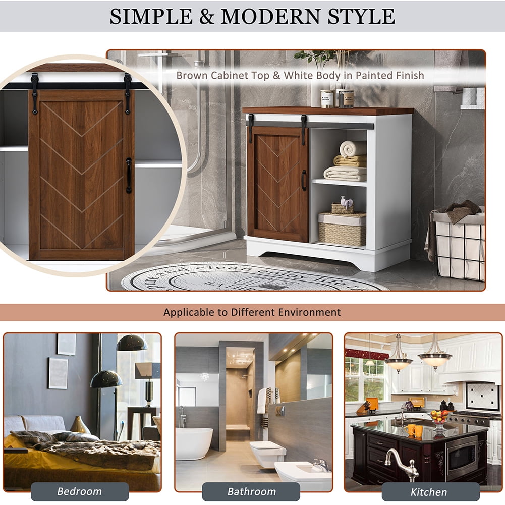 Resenkos Freestanding Bathroom Storage Cabinet,Brown Sliding Barn Door, Thick Top, Adjustable Shelf, White and Brown Resenkos Freestanding Bathroom Storage Cabinet,Brown Sliding Barn Door, Thick Top, Adjustable Shelf, White and Brown