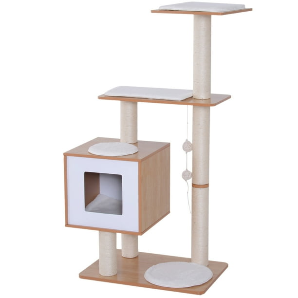 Pawhut 47 Modern Cat Tree Multi Level Scratching Post With Cube Cave Enclosure Oak Wood And White Walmart Com Walmart Com