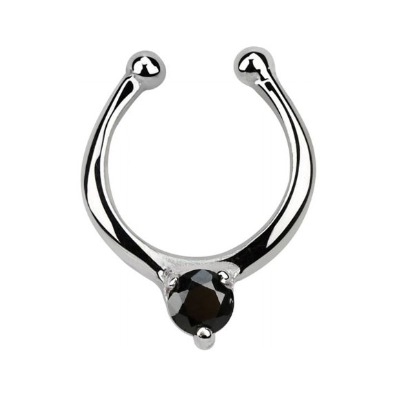 iJewelry2 Sterling Silver Solitaire Black CZ Illusion Faux Fake Clicker Septum Nose Ring 18g