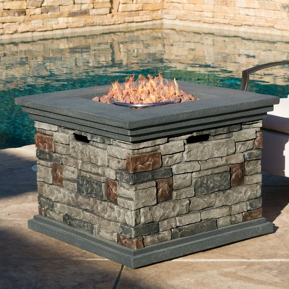 Propane Fire Pit Table for Patio and Backyard, 40,000 BTU Square Fire Pit with Stone Surface, Lava Rocks Included for Outdoor Ambiance, Deck-Safe Design, Stone Gray
