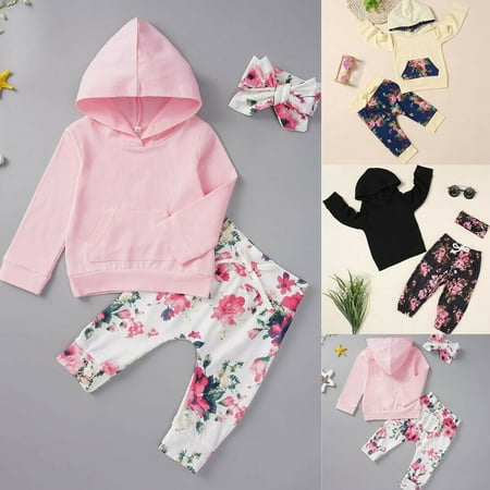 

3Pcs Newborn Baby Girl Floral Outfits Long Sleeve Hooded T-Shirt Tops+Flower Print Long Pants+Headband Clothes Pink/Black/Beige (Beige No Headband)