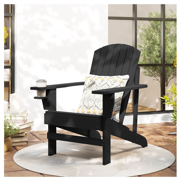 Oversized Adirondack Chair, Black Outdoor Patio Furniture with Cupholder, Classic Porch Lounge Seating for Fire Pit, 330 lbs Capacity