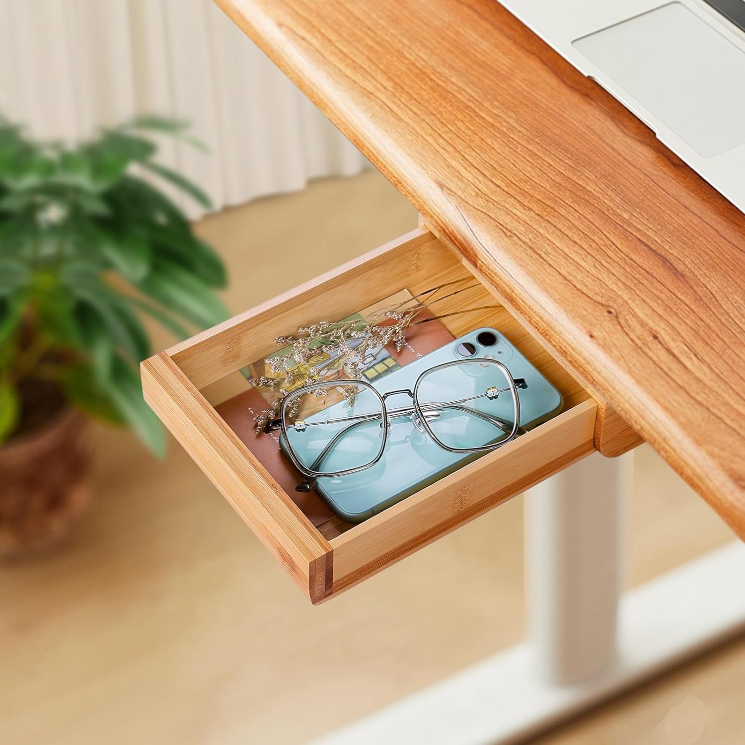 Under Desk Drawer Wood, Self-Adhesive Hidden Drawer Organizer Slide Out, Easy Installation Handmade Under Table Storage, Attachable Pencil Phone Holder For Office Home Classroom