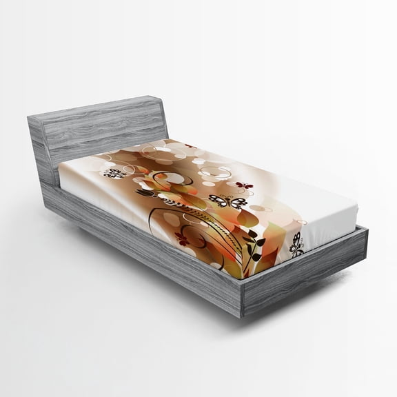 Ambesonne Tan Fitted Sheet, Spring Themed Abstraction, Twin XL Size, Dark Brown White Brown