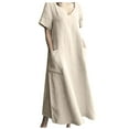thumbnail image 2 of Mrasaso New Arrivals,Women Dress,Women’s Spring and Summer V-Neck Solid Cotton and Linen Casual Pocket Short Sleeved Dress,Breezy and ComfortableKhaki L, 2 of 9