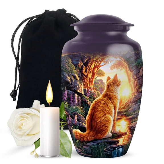 JAGASY Cat Large Urn for Ashes for Sister, Teal Blue Urns for Human Ashes for Women, Sunset Rocky Landscape & Tree Decorative Urns for Siblings, Purple Flowers Funeral Urn for Brother, (10 Inch)