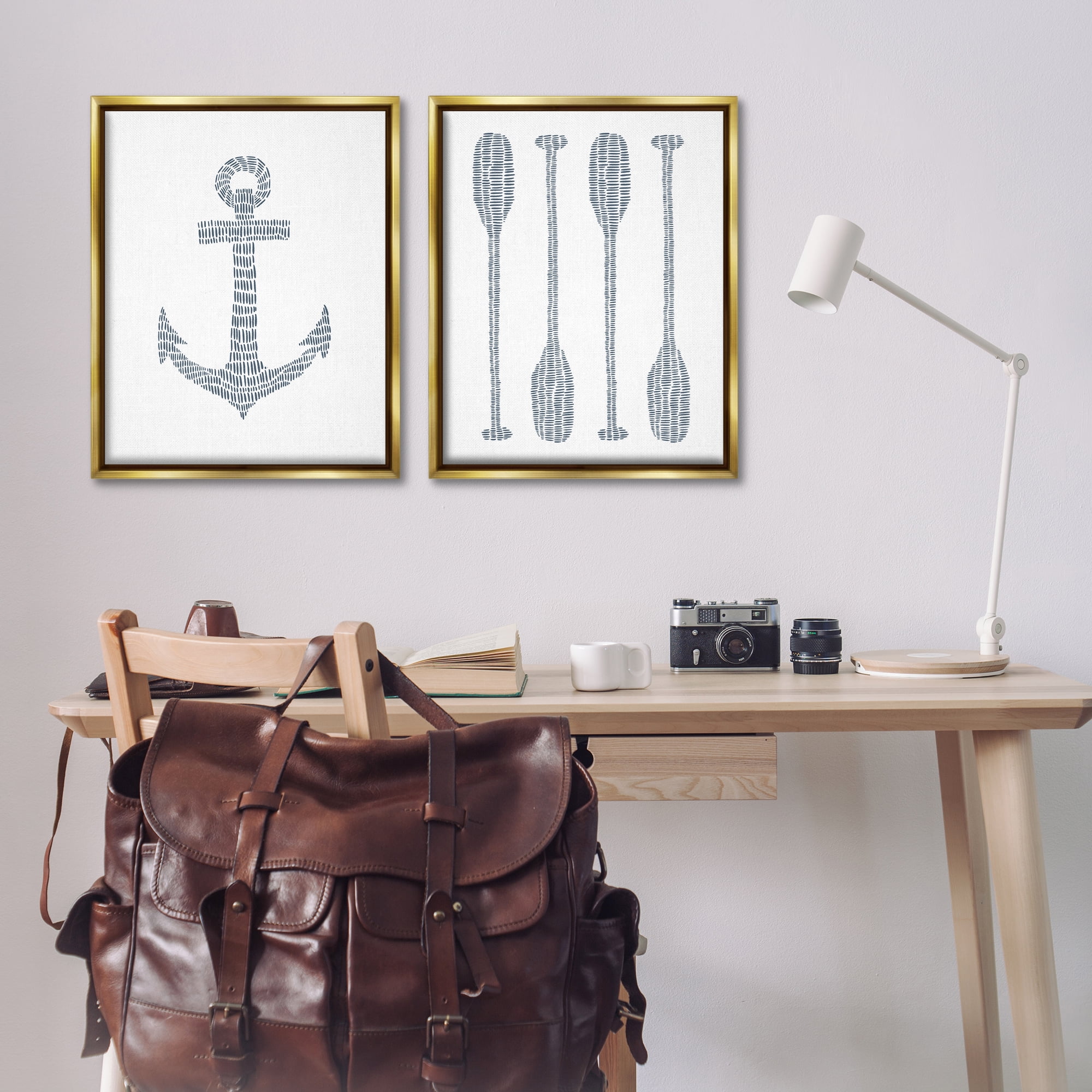 Stupell Industries Simple Lines Nautical Anchor Oars Nautical & Beach Painting Gold Floater Framed Canvas Art Print Wall Art, 31 x 25, Set of 2