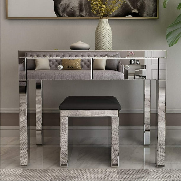 Mecor Mirrored Vanity Table Set Cushioned Stool Silver Makeup Dressing
