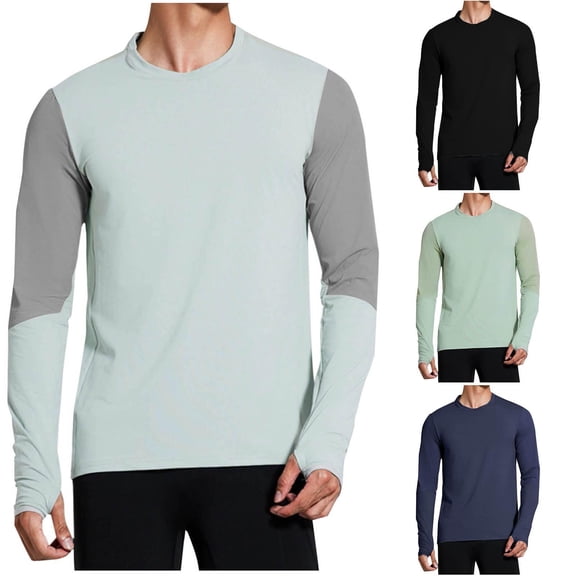 ZRGHAOYLQ Mens Athletic Sun Protection Shirts with Thumb Hole Sports Fitness Quick Dry Stretch T Shirt Color Block Long Sleeve Crewneck Tees