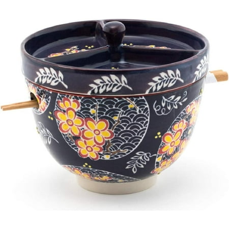 

HSRB-BCLBY1 Multi Purpose Japanese Design Ceramic Ramen Udong Soba Tempura Noodle Pho Donburi Rice Tayo Bowl with Chopsticks and Condiment Lid 6 D Blue Yellow Floral