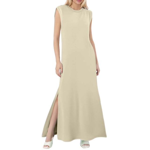2025 Vestido largo sin mangas con abertura para mujer: vestido camisero informal y holgado con bolsillos laterales, cuello redondo, tejido ligero, ideal para el verano, tallas S-XXL