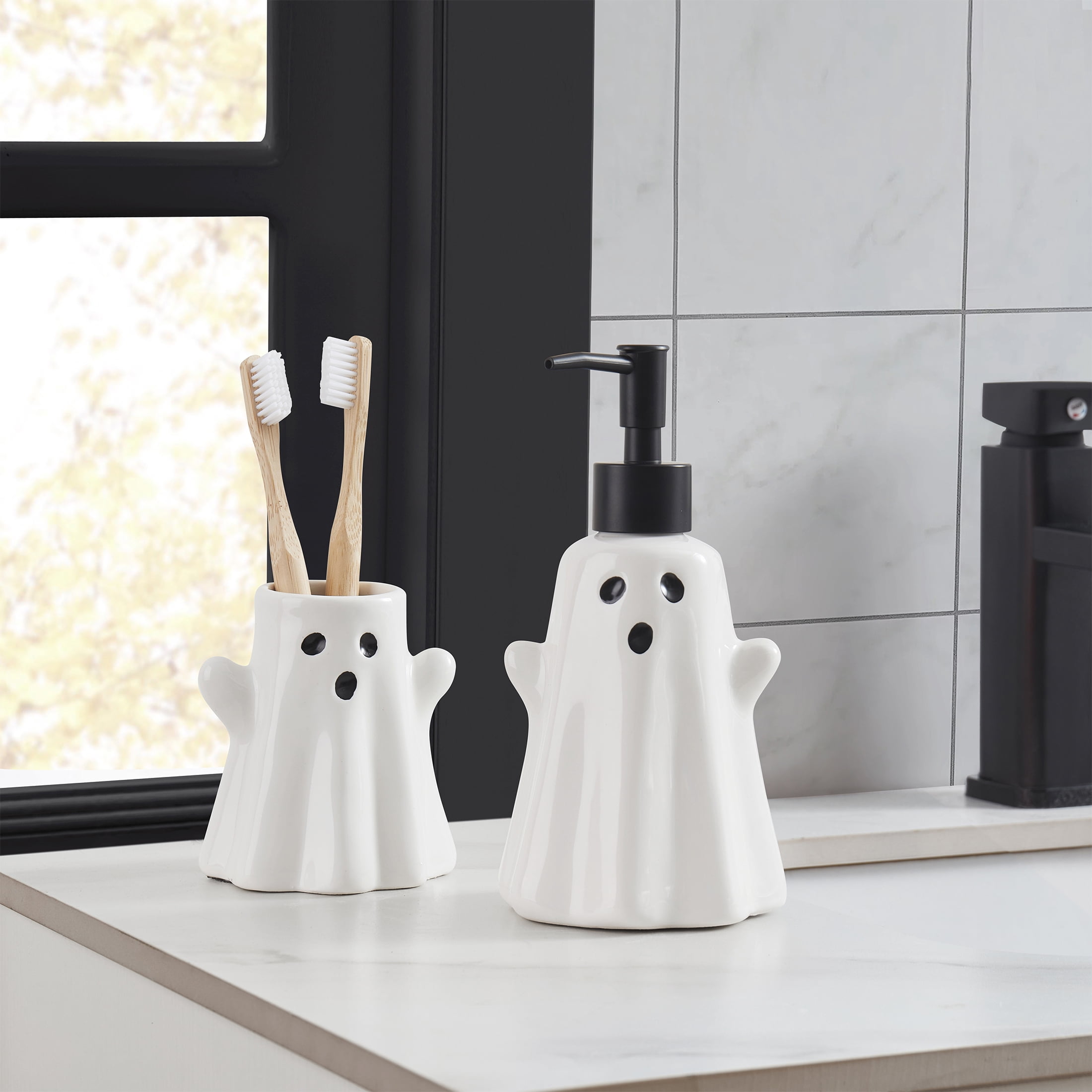 Way to Celebrate! 2-Piece Ceramic Ghost Bath Accessory Set, White