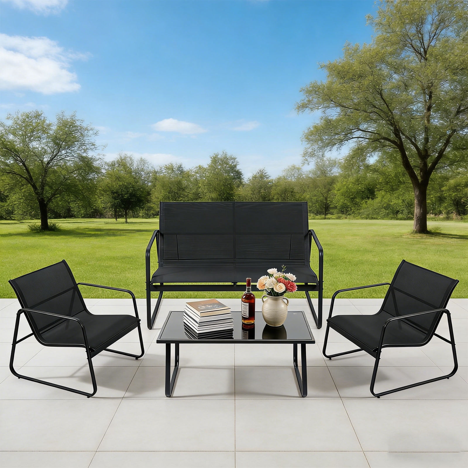 Casabay 4-Piece Outdoor Courtyard Furniture Set with Patio Chairs & Coffee Table, All Weather Outdoor Seating Breathable Fabric for Yard, Pool, Lawn, Black