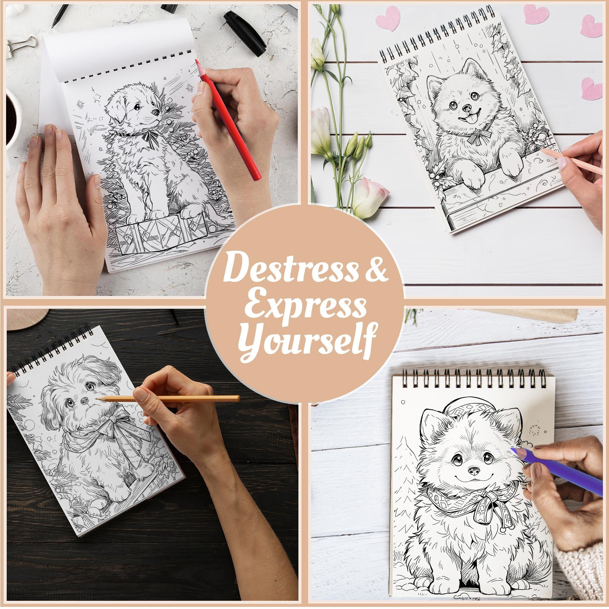 Netecom Christmas Puppies Coloring Book Spiral Bound for Adults, A5 Wooden Cover, 30 Adorable Coloring Pages of Puppies in Winter Scenes for Stress Relief and Relaxation