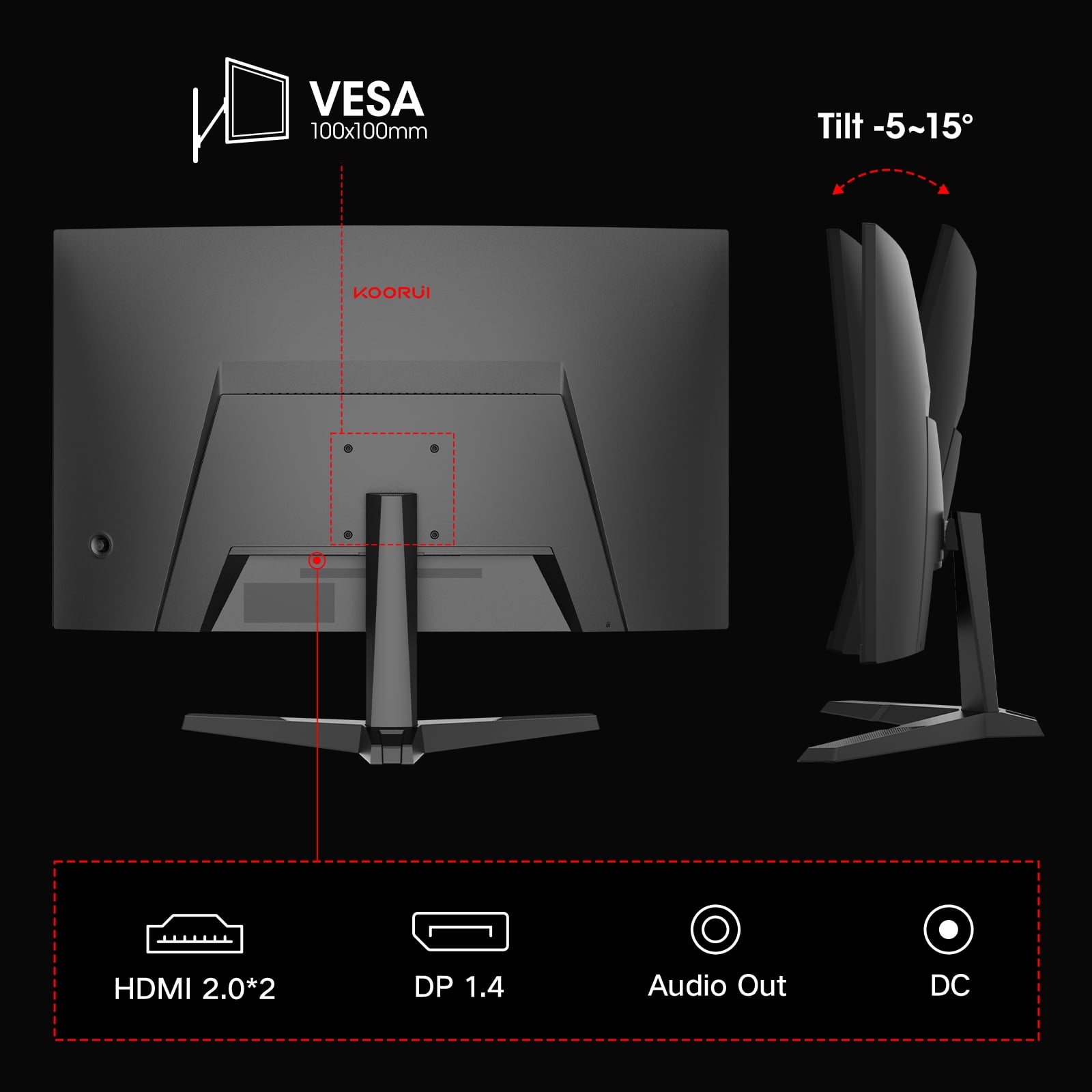 KOORUI Monitor de Juegos 2K QHD de 27 Pulgadas, Monitor de Computadora Curvo de 180 Hz, 1 Ms Adaptative-sync, HDMI/DisplayPort, 27E6QCA