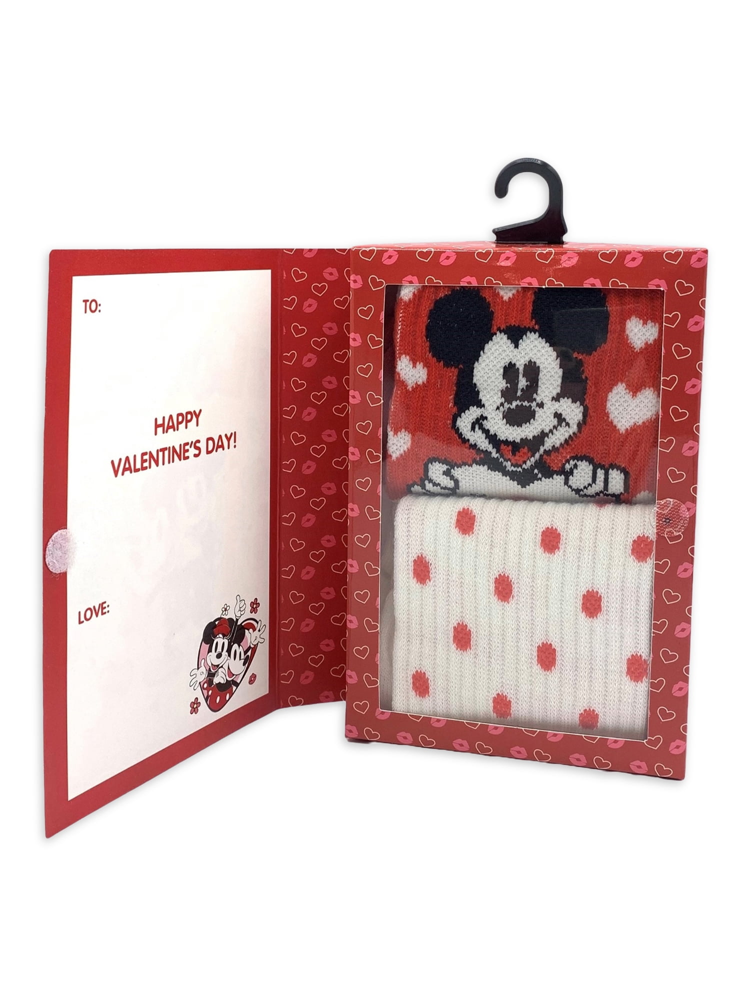 Disney Mickey & Friends, Valentine's Day Women's Mid-Crew Socks Box Set, 2-Pack, Size 4-10