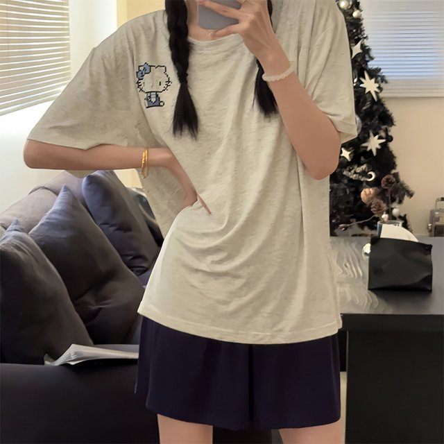 Conjunto de pijama de algodón Sanrioed Hellokittys Kuromi, ropa de estar por casa con almohadilla en el pecho, pantalones cortos de manga corta, regalo de verano, nuevo