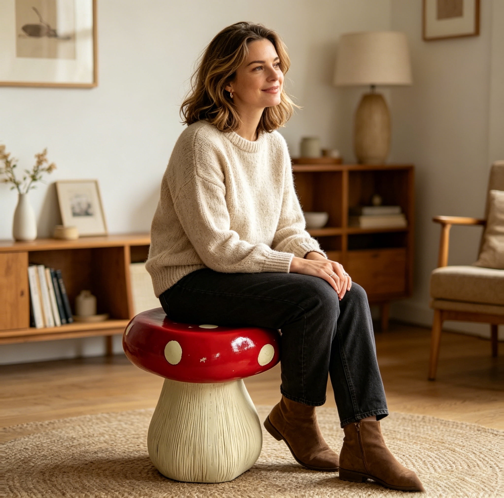 13.8 Inch Resin Mushroom Statue Stool, Hand-Painted Weatherproof Decor Seat, Multi-Purpose Plant Stand for Indoor Outdoor Garden Lawn Courtyard Kids Furniture