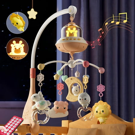 Baby Crib Mobile, Baby Mobile for Crib with Music and Lights Remote Control, Hanging Rotating Animals Rattles, Baby Crib Toys for Girls Toddler