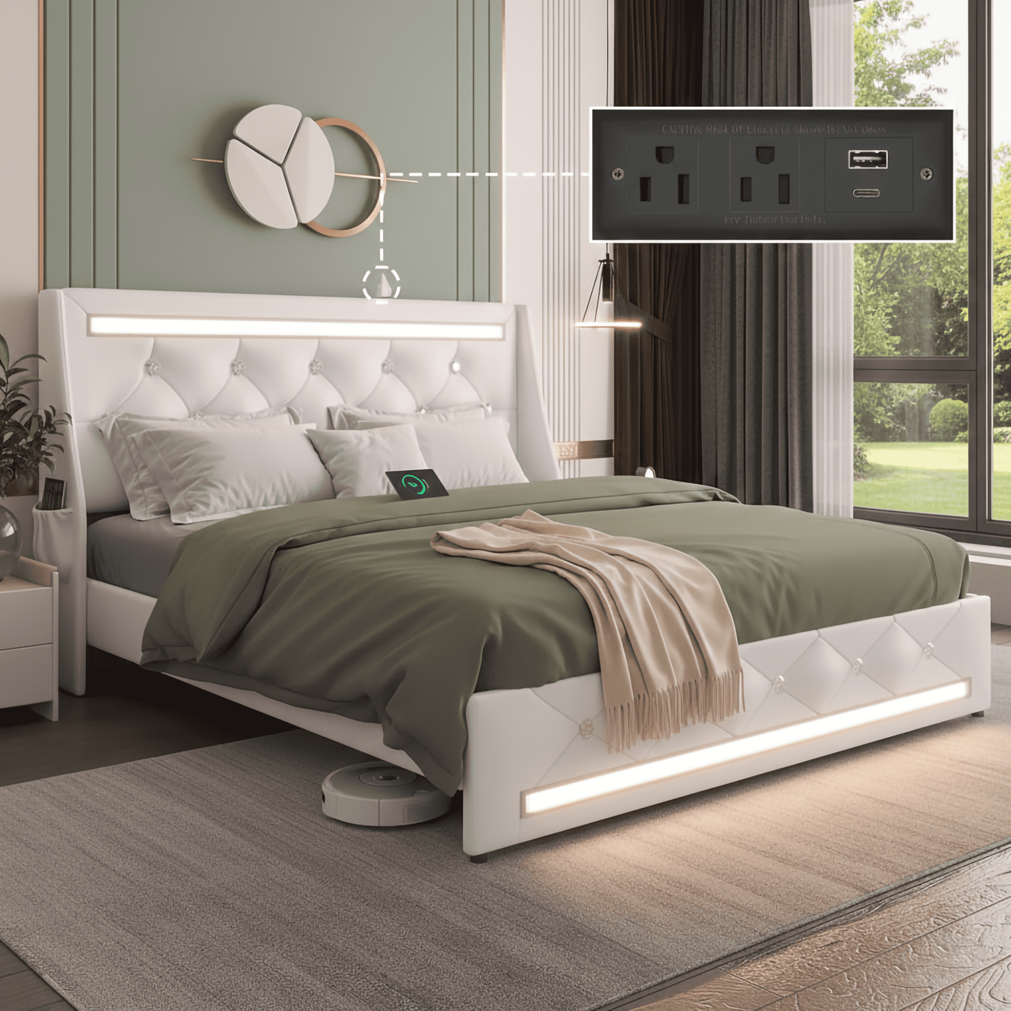 Mintazer Full Bed Frame with LED Lights & Charging Station, Diamond Tufted Upholstered Platform Bed with 2 Side Storage Pockets for Bedroom, White
