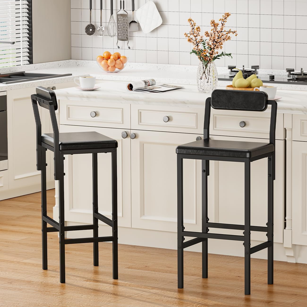 Set of 2 Bar Stools for Kitchen Island, Counter Height Bar Stools with Backs, Modern Black PU Leather Bar Chairs, Simple Industrial Style for Kitchen, Dining Room & Home Bar