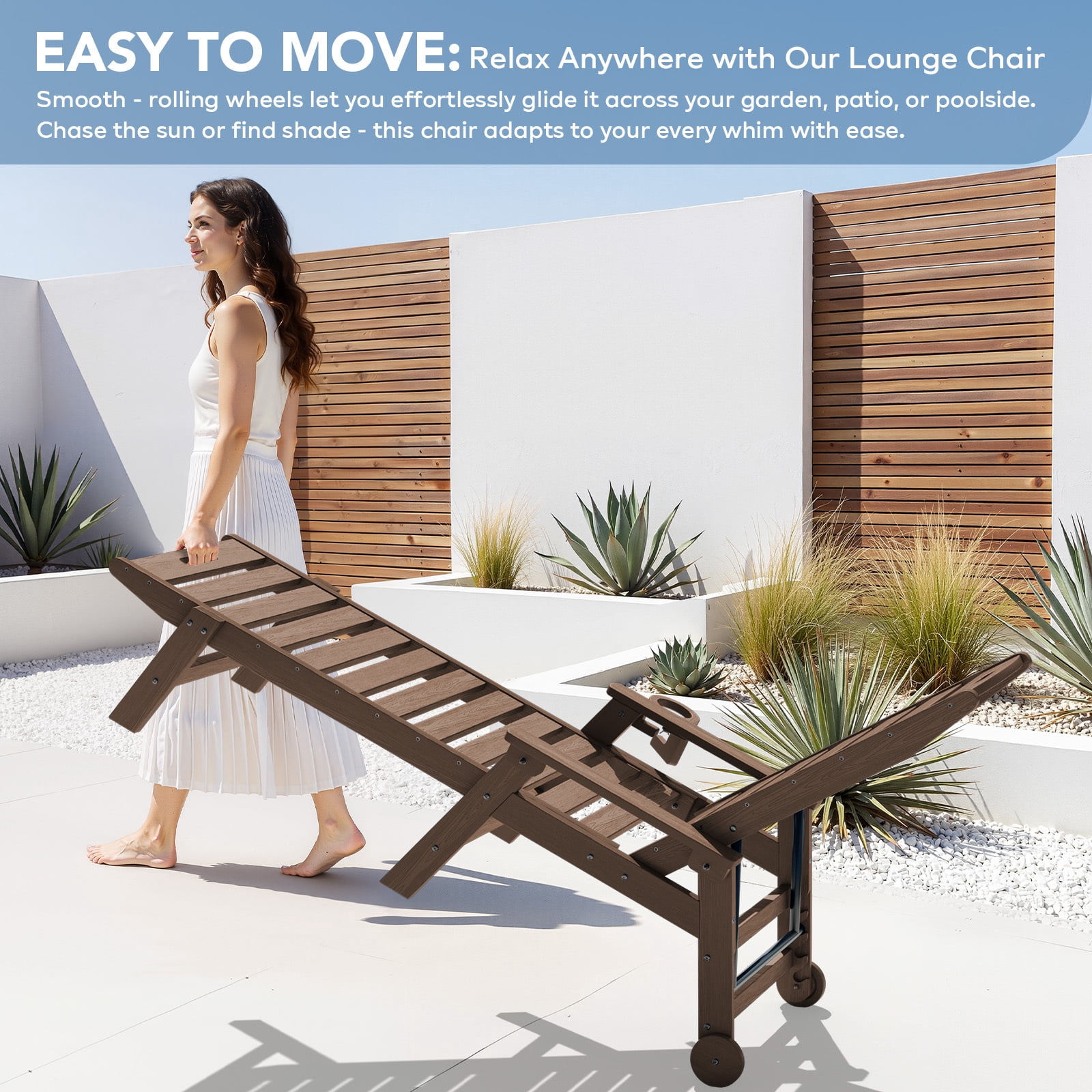LOYALICE Adjustable Wheeled HDPE Plastic Outdoor Patio Lounge Chair W/ Cup Holder,78.3"x25.1"x16.3", Brown