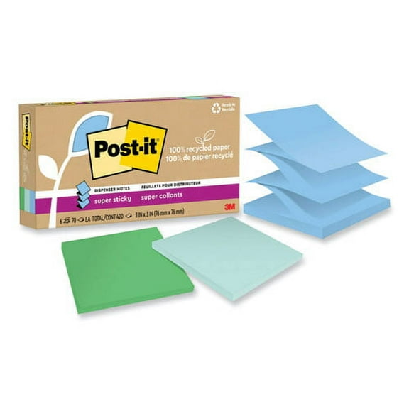 100% recycled paper super sticky notes, 3" x 3", oasis, 70 sheets/pad, 6 pads/pack | Bundle of 2 Packs