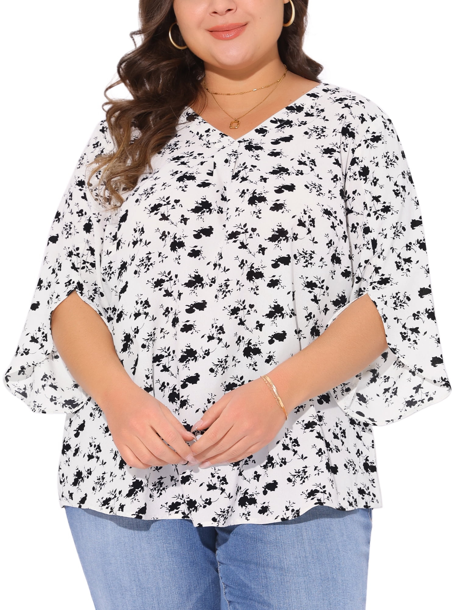 Women's Plus Spring Tops 3/4 Sleeve V Neck Chiffon Work Dressy Casual Shirt 4X White