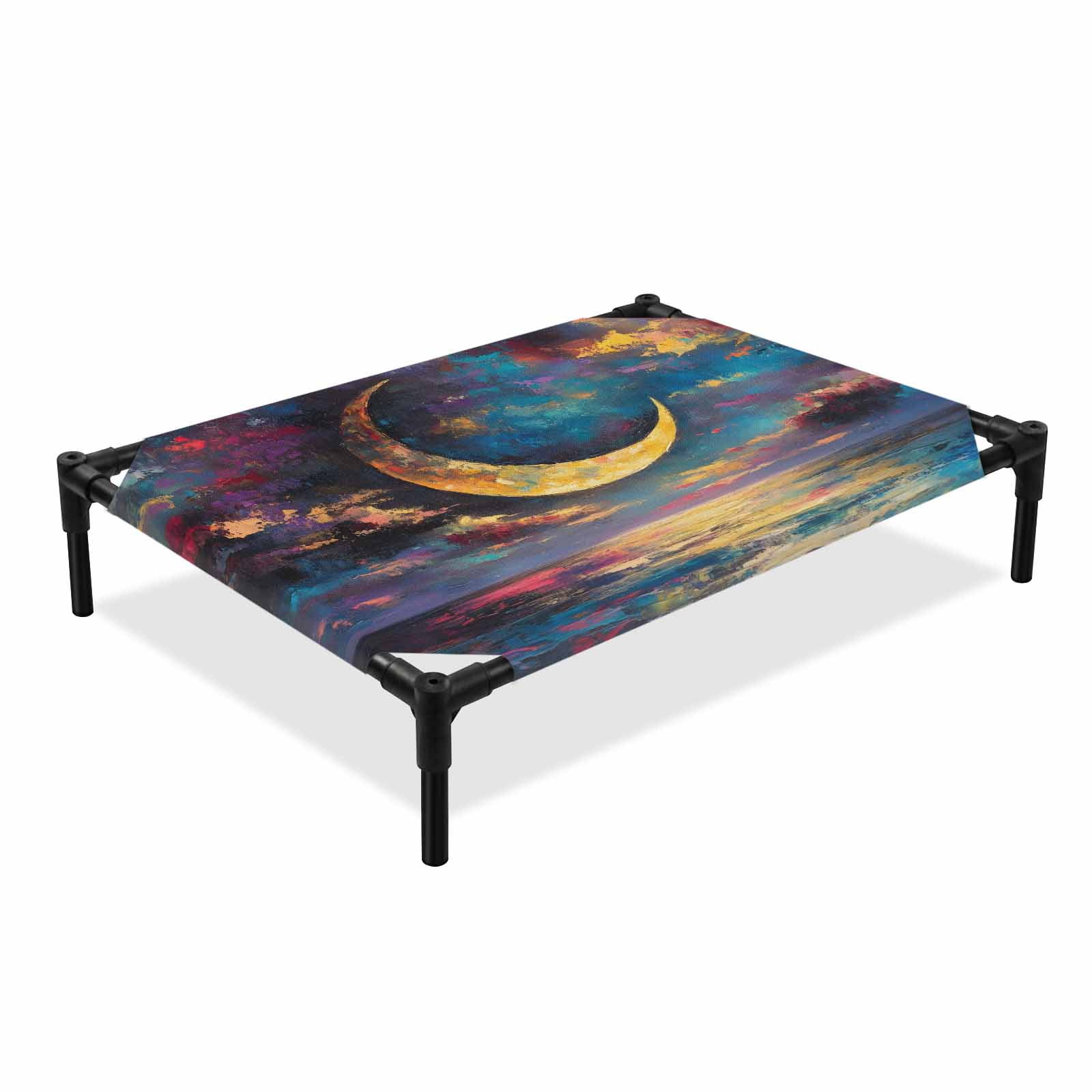 Crescent Moon Elevated Dog Bed Dreamy Gold Dark Purple Night Ocean Cooling Breathable Outdoor Raised Dog Cot Bed with Metal Frame Non-Slip Feet for Large Dog 28x22in