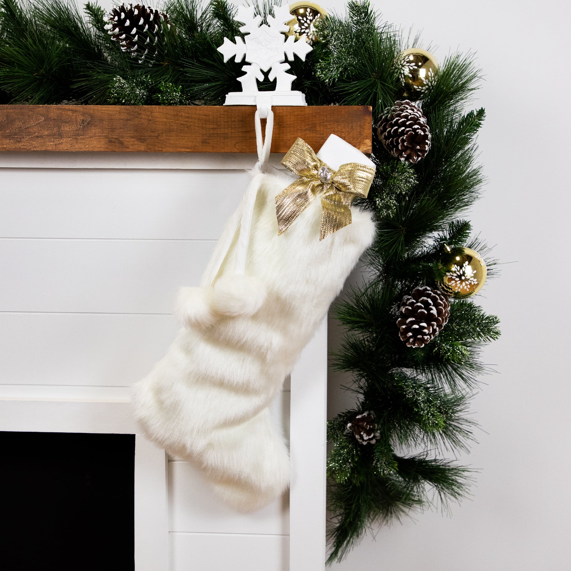 Polar Bear Faux Fur Christmas Stocking with Pom Poms - 20.5" - White