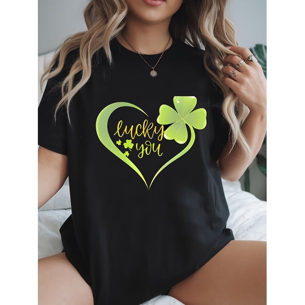 Women's St. Patrick's Day Lucky Clover Heart Graphic T-Shirt - Casual Black Tee with Green Shamrock Print, Round Neck, Short Sleeves for Spring & Summer, Spring Summer Tee|Playful Design|Knitted Text