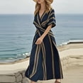 thumbnail image 7 of Ailaofu Women V-Neck Short-Sleeve Wrap Waist Flared Striped Maxi Ankle Dress, 7 of 7
