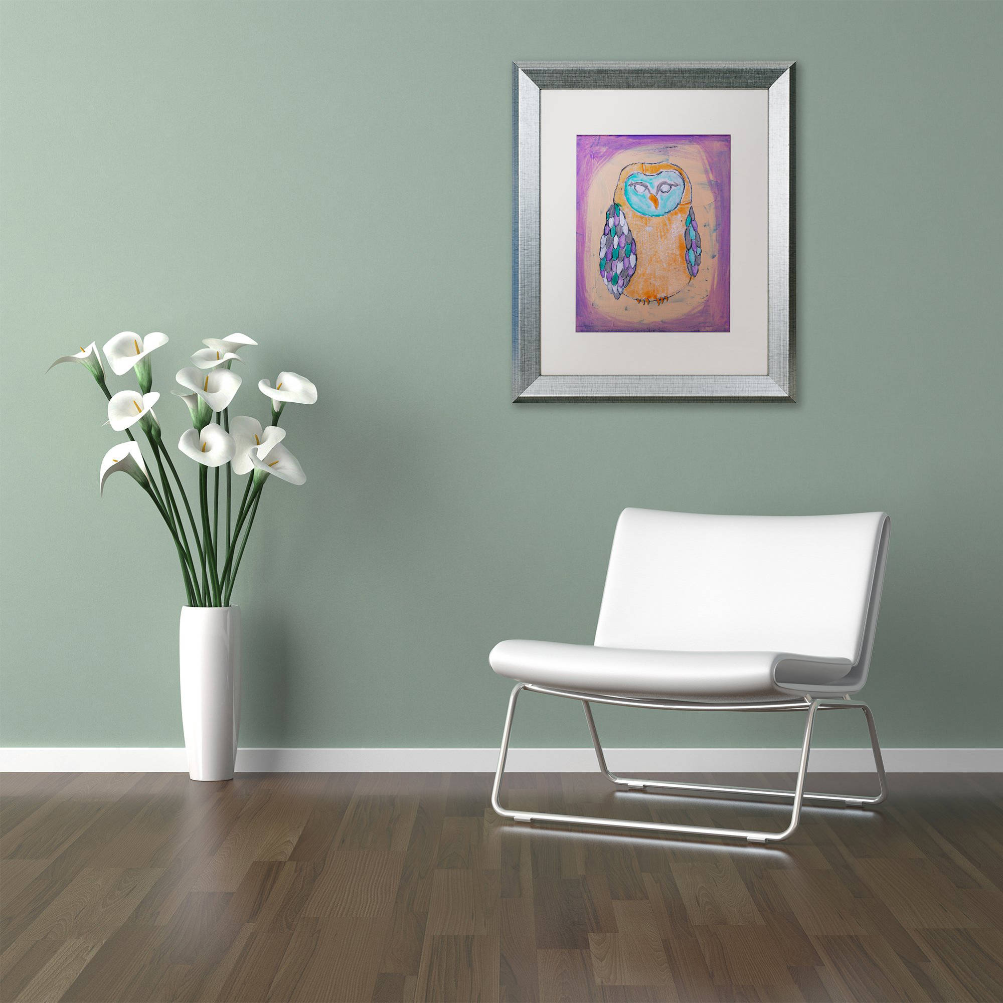 Trademark Fine Art 'Owl I' Canvas Art by Nicole Dietz, White Matte, Silver Frame