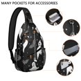 thumbnail image 2 of Sling Backpack,Spooky Halloween Silhouette Pattern Sling Bag with Water Bottle Holder,Waterproof Sling Bag for Men/Women with Headphone Jack for Hiking,Travel, 2 of 6