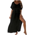 thumbnail image 2 of dazeni Womens Summer Beach Dress Trendy Tassel Short Sleeve Swimsuit Coverups with Belt Lightweighht High Split Hallow out Sheer Bathing Suit Swimwear, 2 of 7