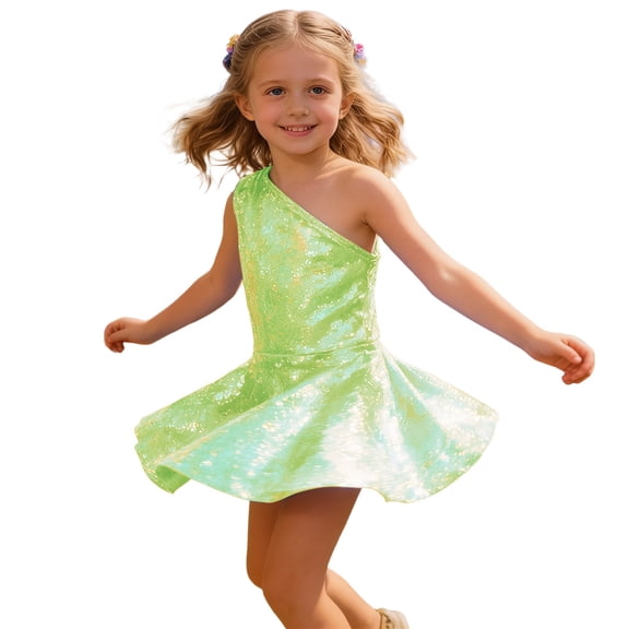 RMGVDSD Girls Dresses Sleeveless One-Shoulder Sequin Dress Kids Tween Girls Formal Dance Carnival Party Dress Slim Fit Sundress Cute Cartoon Dress