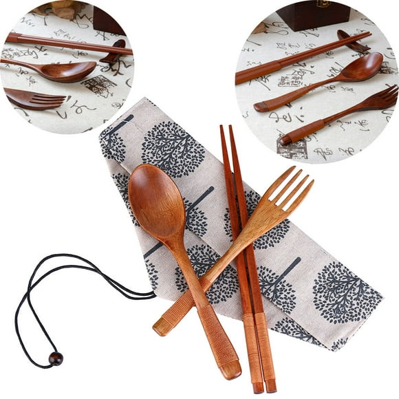 Japanese Vintage Wooden Chopsticks Spoon Fork Tableware 3pcs Set New Gift