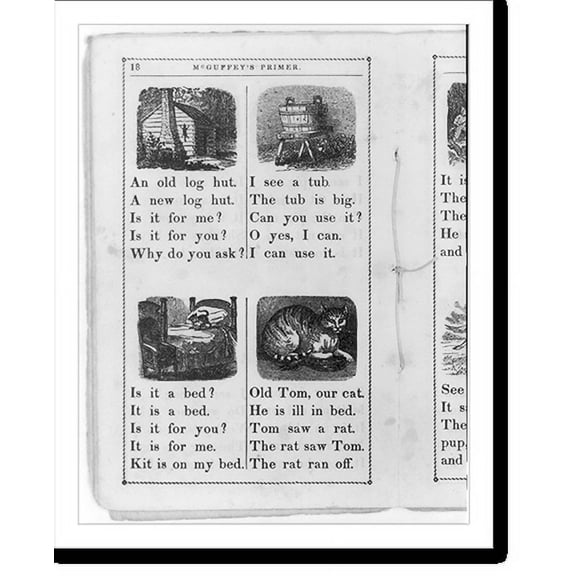 Historic Print, [McGuffey's Eclectic Primer (Cincinnati, 1849), showing log hut, washtub, bed, and cat], 16" x 20"