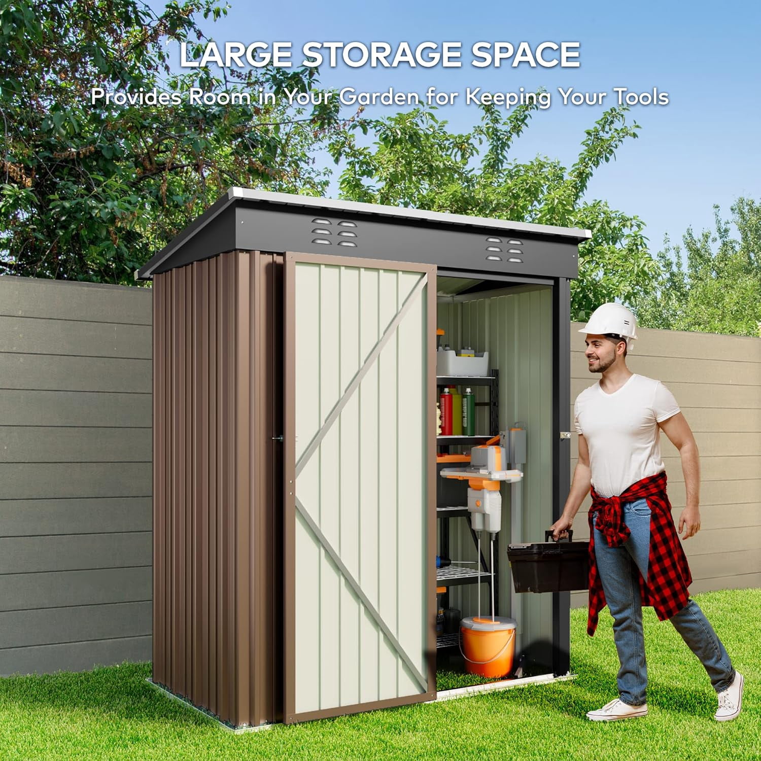 Lofka Outdoor Storage Shed,5'x 3' Metal Garden Shed with Single Lockable Door, All-Weather Galvanized Steel, Compact Space Saver for Garden Tools| Patio,  Brown(Cobertizo de almacenamiento)