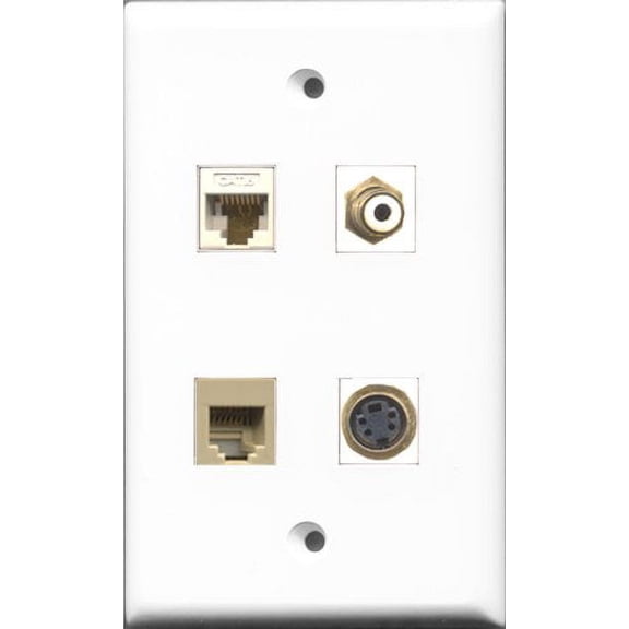 RiteAV 1 Port RCA White and 1 Port Phone RJ11 RJ12 Beige and 1 Port S-Video and 1 Port Cat6 Ethernet White Wall Plate