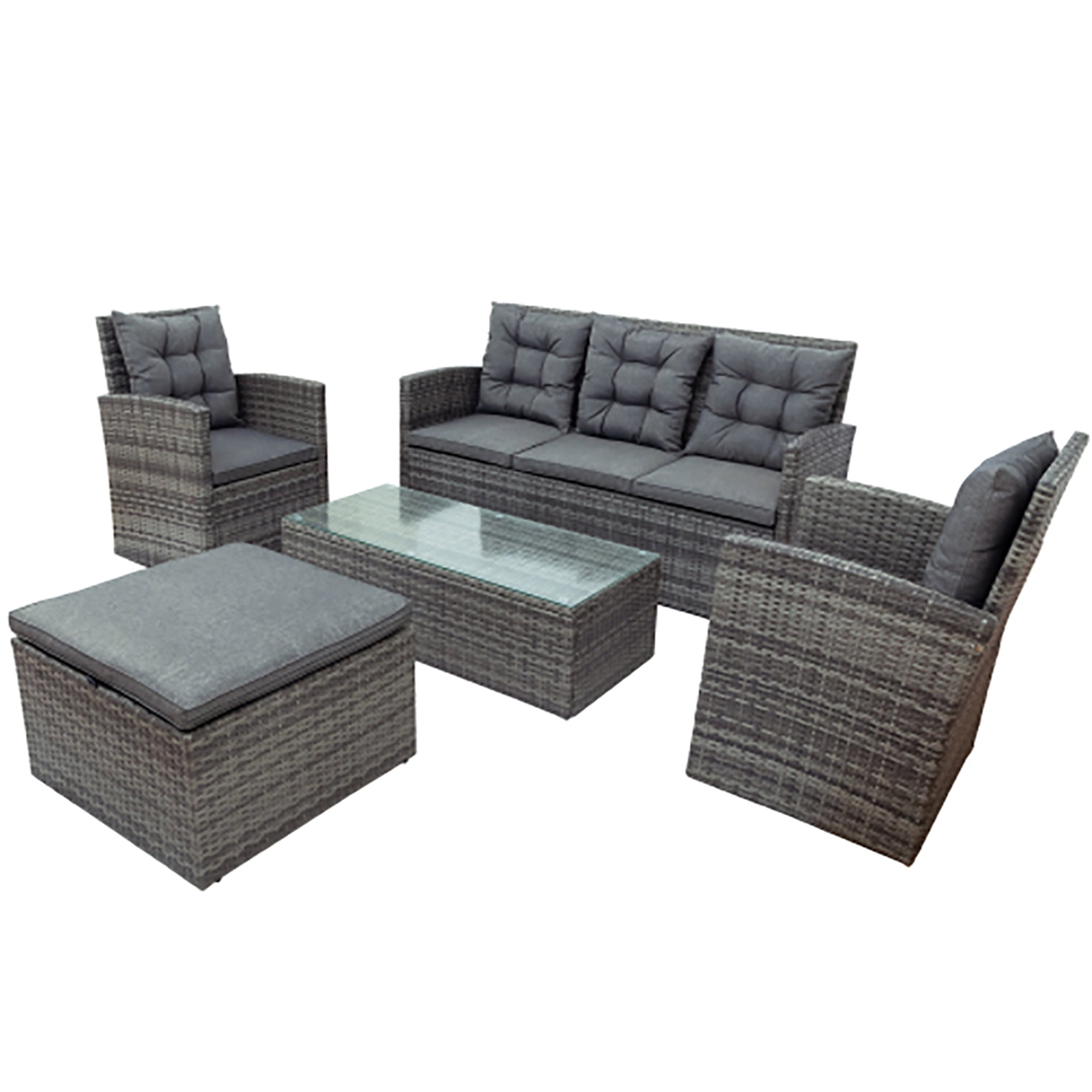 YYAo 7 Seating Outdoor Patio Furniture Sectional Sofa Set, All-Weather Couch with Glass Table, Ottomans for Backyard Porch Poolside with Storage Bench, Gray YYAo 7 Seating Outdoor Patio Furniture Sectional Sofa Set, All-Weather Couch with Glass Table, Ottomans for Backyard Porch Poolside with Storage Bench, Gray