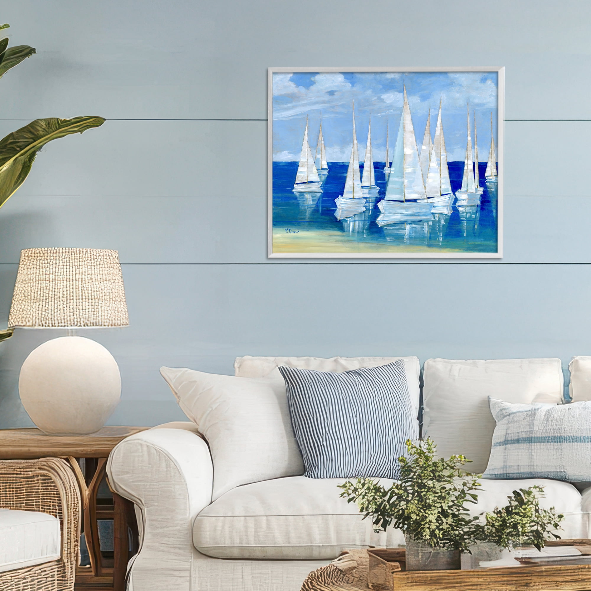 Stupell Industries Blanco Beach Sailboats White Framed Giclee Art, design by Paul Brent