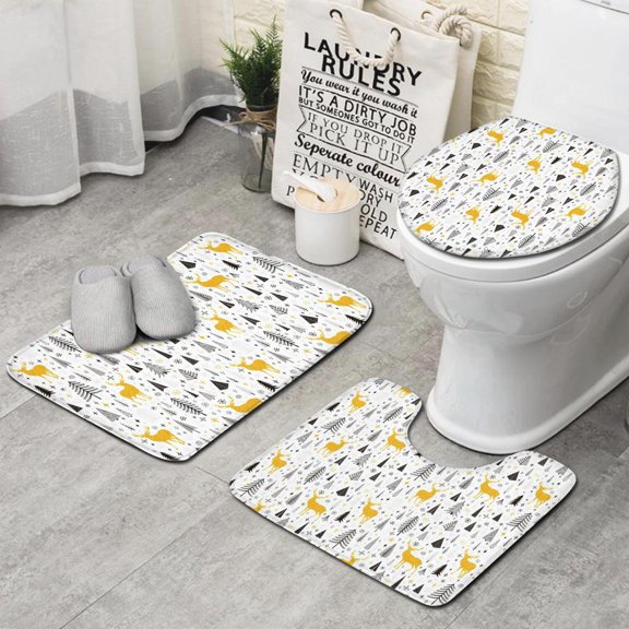 Multicolor Christmas Pattern Bathroom Rugs Sets 3 Piece,Toilet Cover Set,Absorbent Non Slip Bathroom Mats Sets with U-Shaped Contour Rug Toilet Rug Set