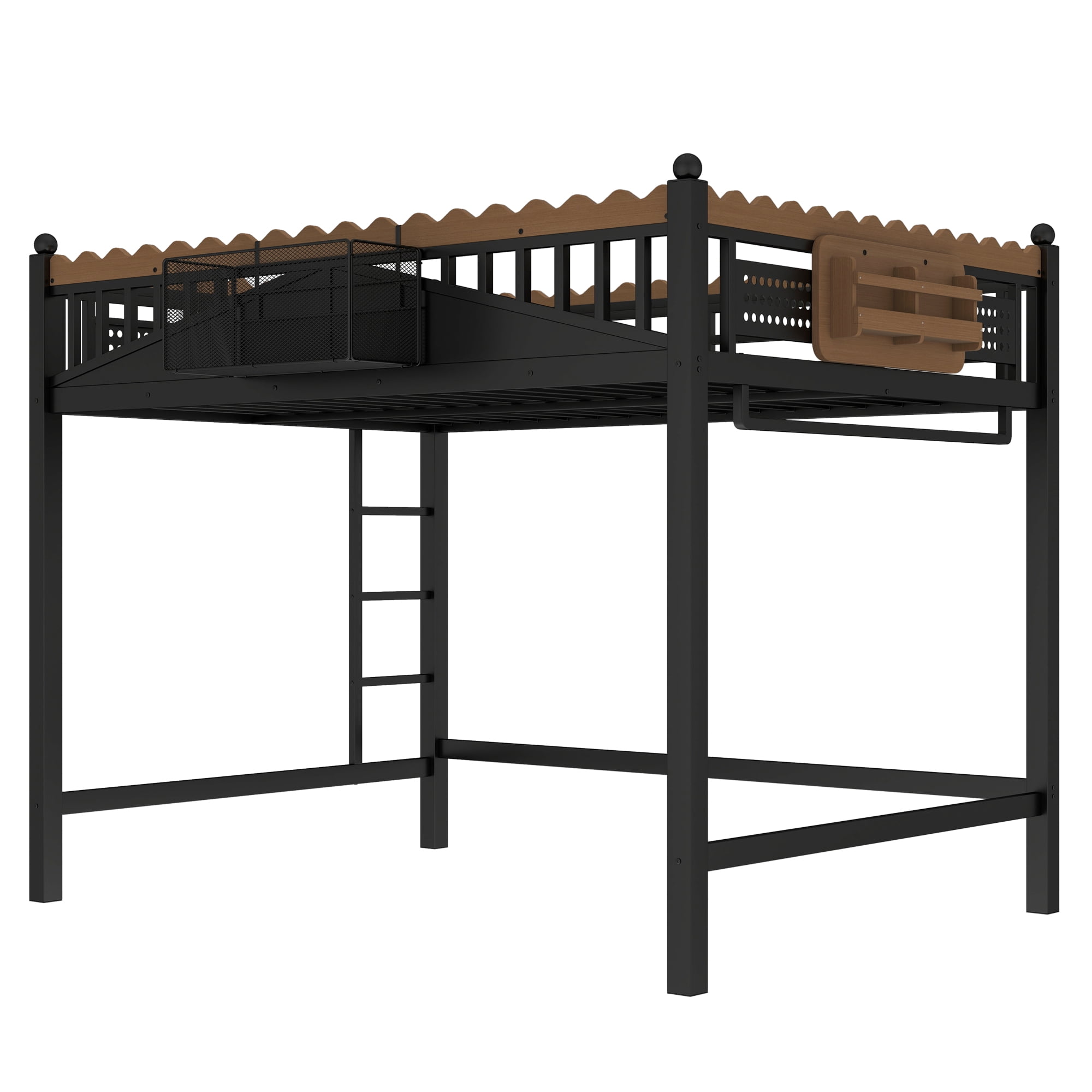 Leumius Full Size Loft Bed,Metal Loft Bed with Storage Baskets and Bookshelf,High Loft Bed with Large Under-Bed Space,No Box Spring Needed,Black