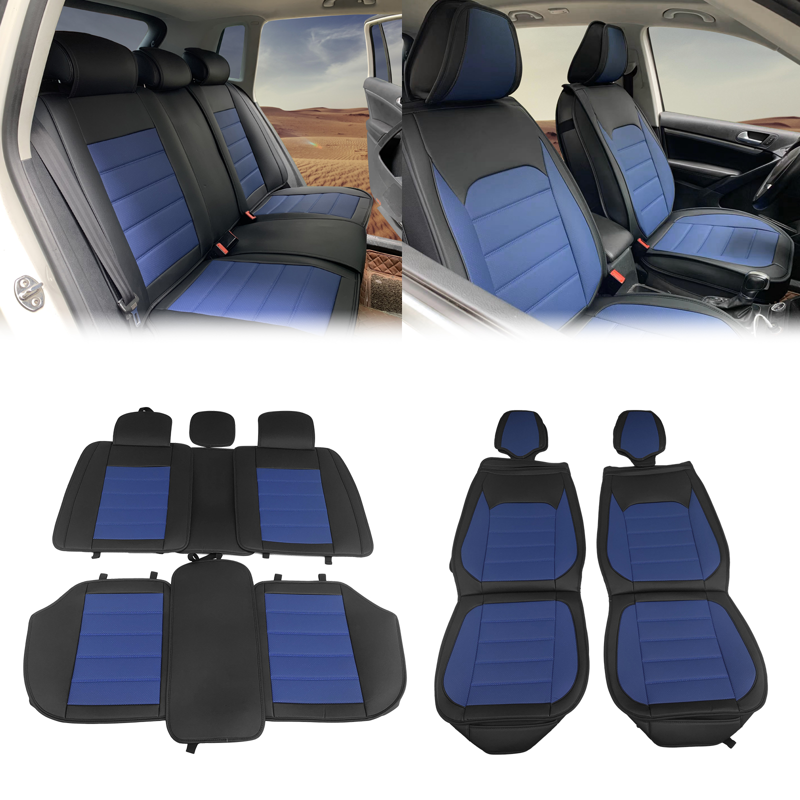 Ikon Motorsports Car Seat Covers Compatible with Universal 01 Style Black + Blue PU Leather Front & Rear Auto Seat Cover Cushion Protectors 5 Seats Full Set
