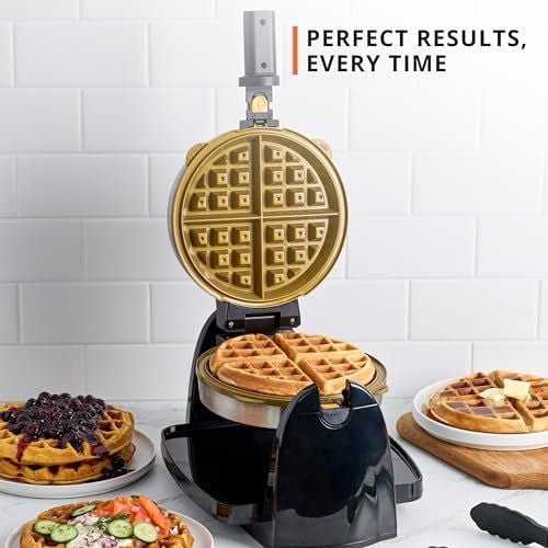 Waffle Maker, Rotating Belgian Waffle Maker, 180° Flip Waffle Iron, Ceramic Non-Stick Plate, 3 Browning Control Levels, Foldable Cool Touch Handle, Removable Drip Tray, Stainless Steel