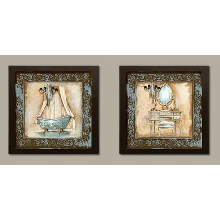 - Elegant Brown and Blue Clawfoot Tub and Vanity Set; Bathroom Decor; Two 12x12in Brown Framed Prints, Ready to Hang!