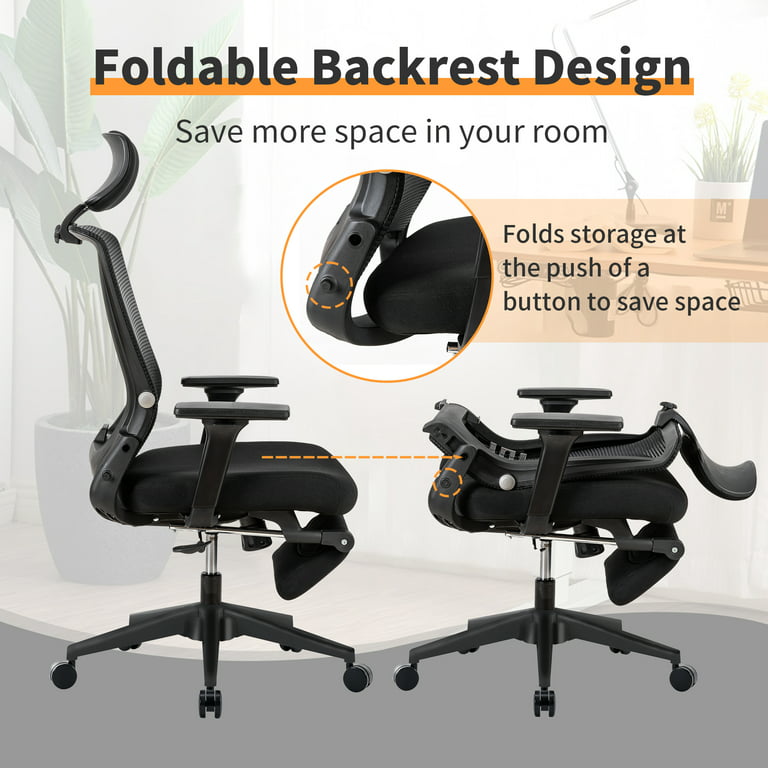 Foldable Ergonomic Office Chair with Footrest, High Back Computer Chair  with 2D Headrest, Mesh Back, Sponge Seat, Adjustable Lumbar Support, 2D
